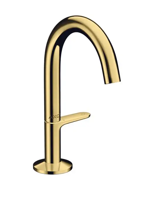 Waschtischmischer in Polished Gold Optic von AXOR, mit hohem Auslauf und flacher Bedienung, geeignet für die Montage auf einem Waschbecken.